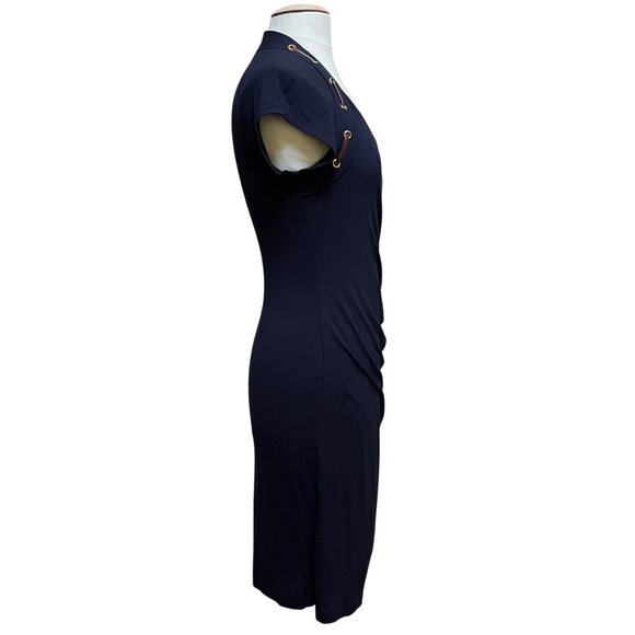 Carmen Navy Blue Faux Wrap Dress‎ Stretch Side V Neck Shirred Grommet Lacing Lg - Picture 5 of 9